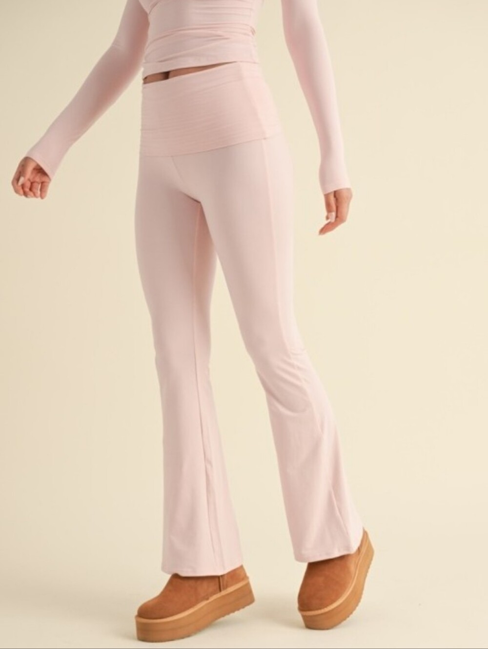 Soft Pink Fold Over Flare Leggings - Picture 5 of 6